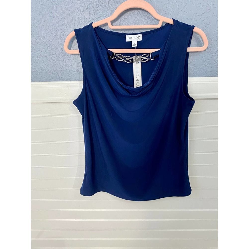 Luxology Navy Draped Sleeveless Blouse